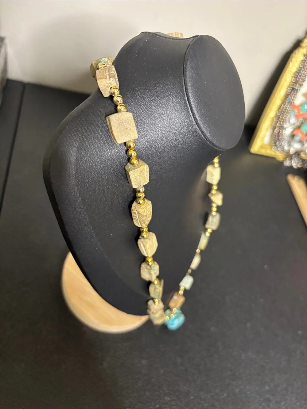 Handcrafted Scarab Blue-Green Stone Pendant Necklace with Gold Beads - Picture 5 of 7